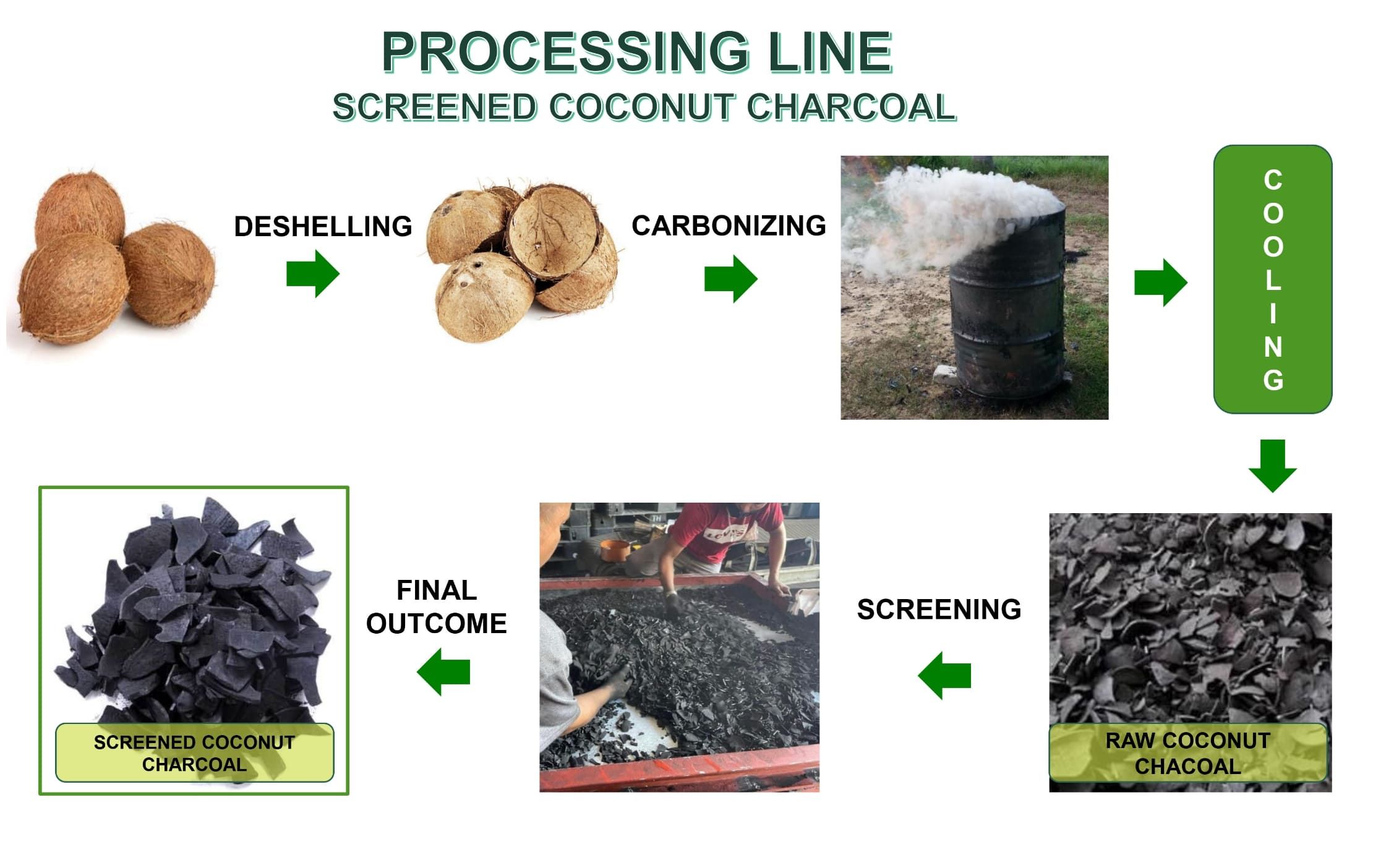 processing line for screened coconut charcoal